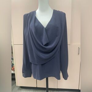 St. John navy blue draped long sleeve blouse women’s size 8 button at wrist